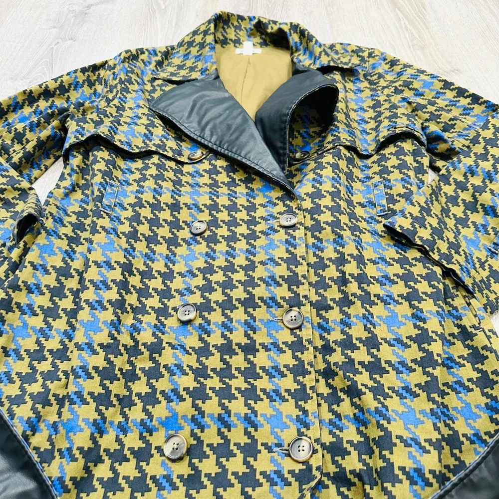 The Drop signedblake Houndstooth Trench Coat Olive Blue Faux Leather Trim M - Picture 12 of 16